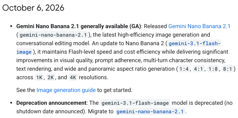 구글 Gemini API 변경 기록의 2026년 10월 6일 항목. 나노 바나나 2.1 정식 출시와 이전 모델 지원 중단 안내가 보인다