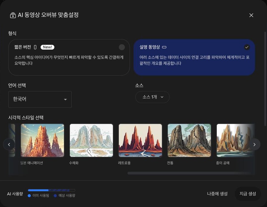 제미나이 노트북의 AI 동영상 오버뷰 맞춤설정 창. 형식에 짧은 버전과 설명 동영상이 있고 설명 동영상이 선택돼 있다. 언어 선택은 한국어, 시각적 스타일 선택에는 일본 애니메이션, 수채화, 레트로풍, 전통, 종이 공예가 보이고 아래에 AI 사용량 막대와 나중에 생성, 지금 생성 버튼이 있다