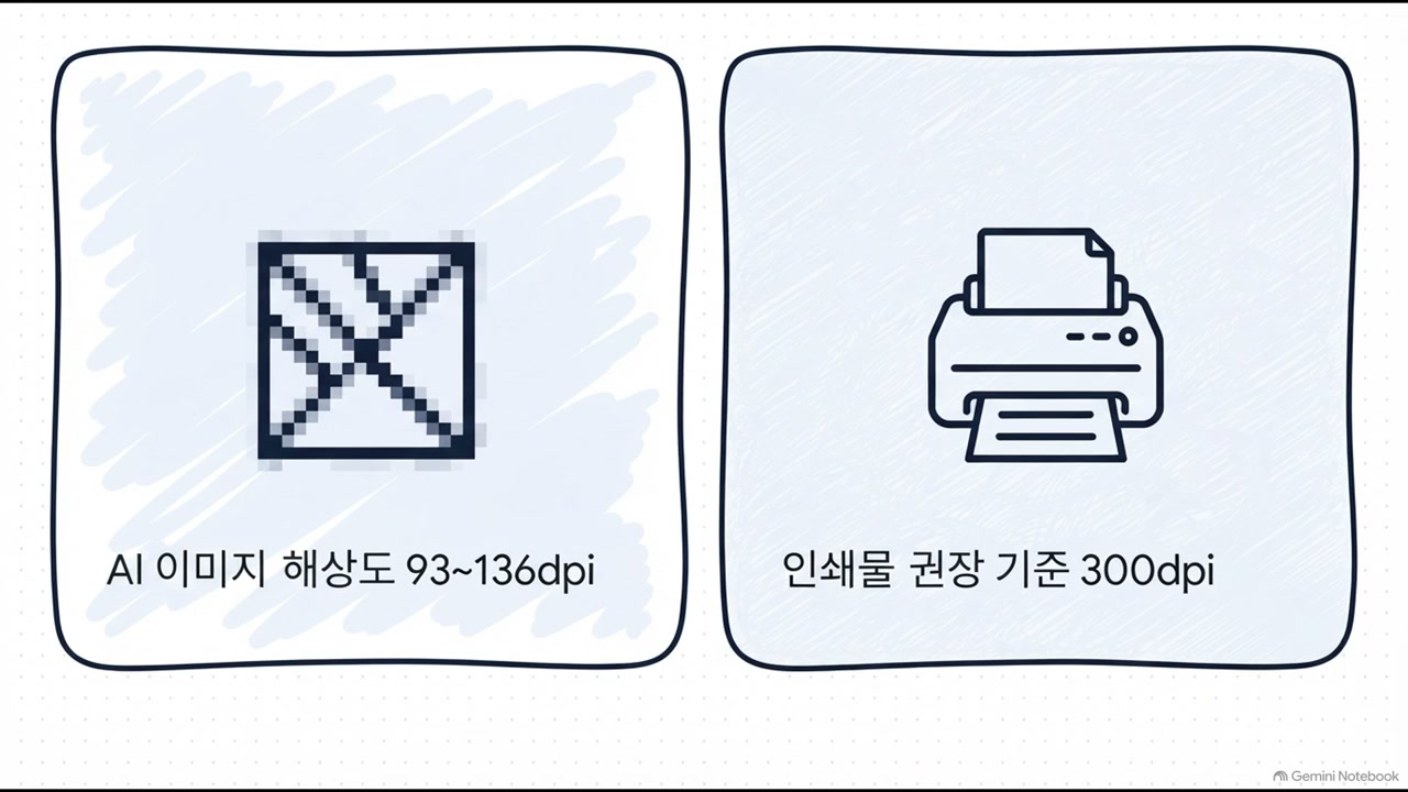 직접 만든 화이트보드 스타일 영상의 한 장면. 손그림 느낌의 칸 두 개에 AI 이미지 해상도 93~136dpi, 인쇄물 권장 기준 300dpi 라고 적혀 있고 오른쪽 아래에 Gemini Notebook 워터마크가 있다