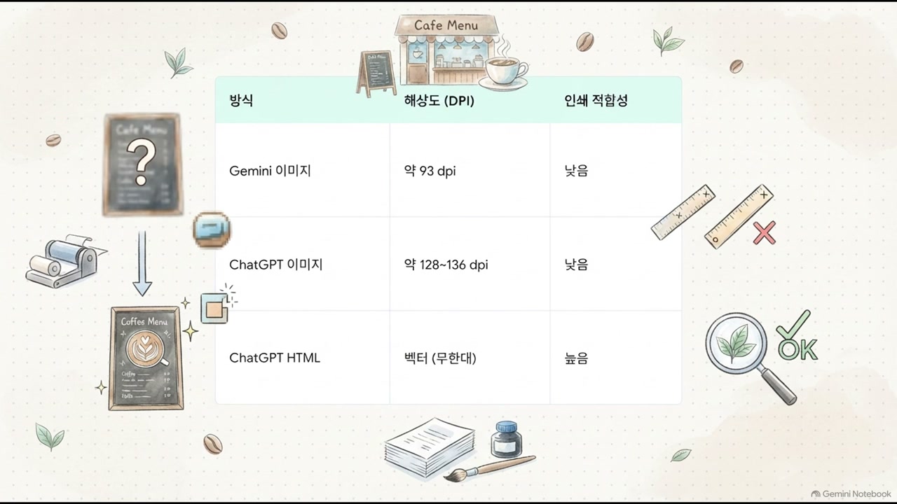 직접 만든 수채화 스타일 영상의 한 장면. 방식, 해상도, 인쇄 적합성 표에 Gemini 이미지 약 93 dpi, ChatGPT 이미지 약 128~136 dpi, ChatGPT HTML 벡터가 적혀 있고 오른쪽 아래에 Gemini Notebook 워터마크가 있다