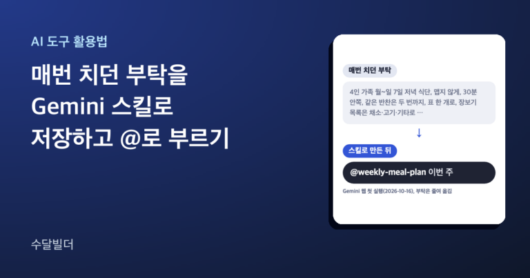 매번 치던 부탁을 Gemini 스킬로 저장하고 @로 부르기라는 제목 옆에, 4인 가족 일주일 저녁 식단 조건을 길게 적은 부탁이 @weekly-meal-plan 이번 주 한 줄로 바뀌는 카드