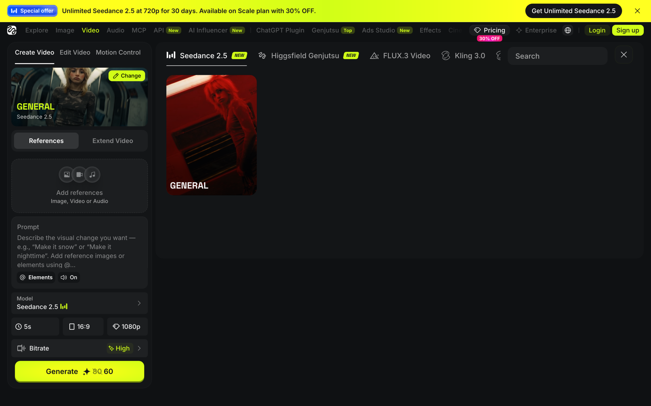 힉스필드 모델 선택기(Model Hub) 화면. OpenAI Sora 2, Google Veo 3.1, ByteDance Seedance 2.5, Kling 3.0 등 50개 이상의 최신 영상 및 이미지 생성 모델을 원클릭으로 고를 수 있다.