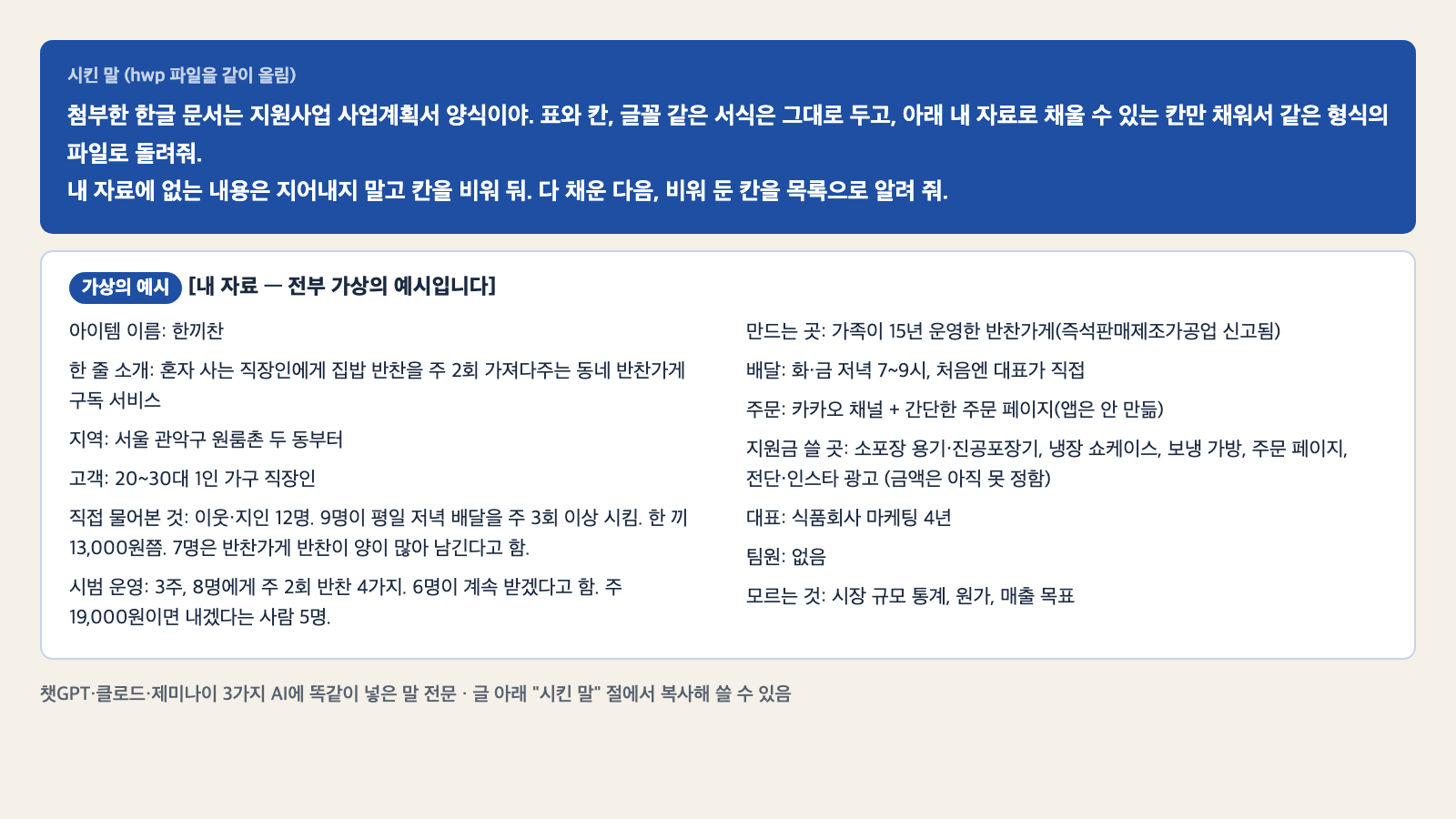 시킨 말 두 줄과 한끼찬 가상 자료 열세 줄을 보여 주는 카드. 가상의 예시라는 표시가 붙어 있다