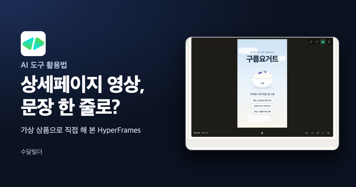 HyperFrames 로고와 상세페이지 영상 문장 한 줄로라는 한글 제목 옆에 HyperFrames 미리보기 편집기에서 가상 상품 구름요거트 세로 영상이 재생되는 화면을 놓은 대표 이미지