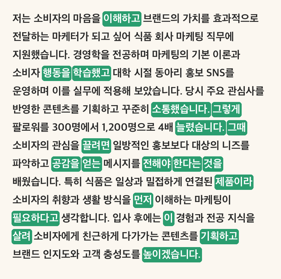 자소서 번역투를 고친 뒤의 가상 자소서 1 카드. 소통했습니다, 그렇게, 늘렸습니다, 그때, 먼저, 필요하다고, 살려, 높이겠습니다 같은 낱말이 초록색으로 표시되어 있다