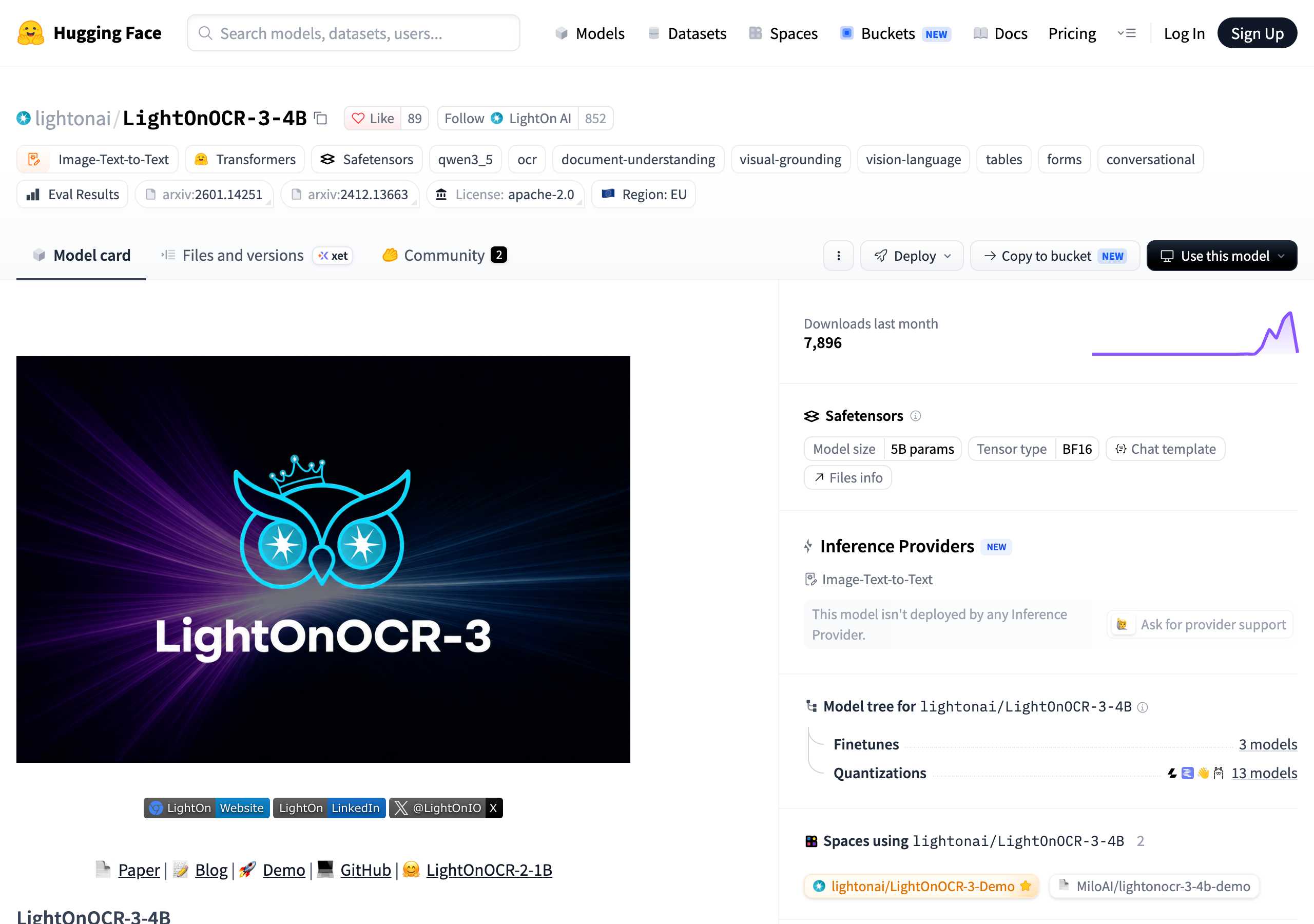 허깅페이스 lightonai/LightOnOCR-3-4B 모델 페이지. 부엉이 모양 LightOnOCR-3 로고 아래 Paper, Blog, Demo, GitHub 링크가 있고 License apache-2.0, 지난달 내려받기 7,896, Like 89가 보인다