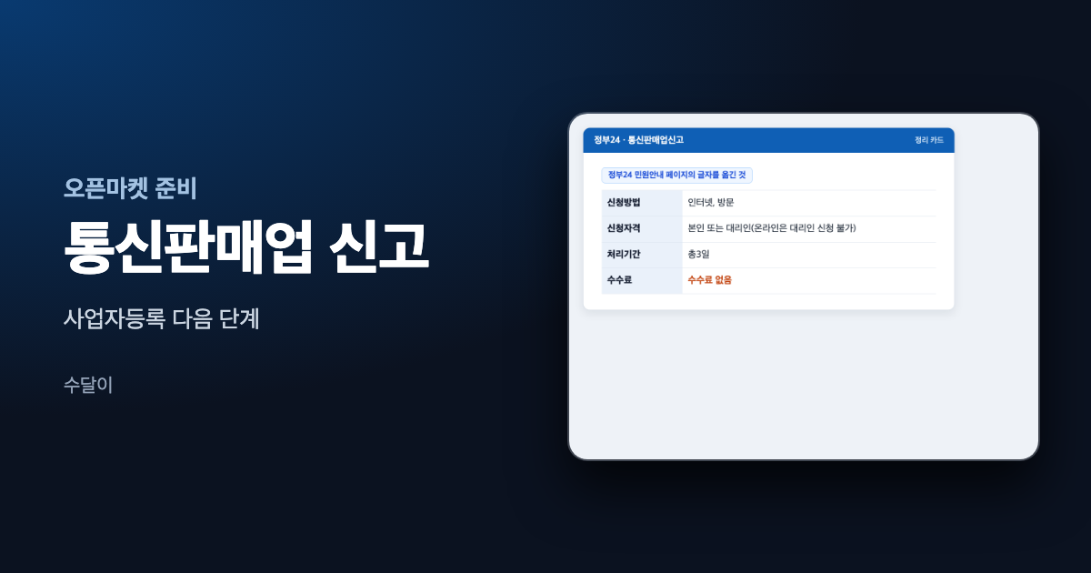 통신판매업 신고 글의 대표 이미지. 정부24 통신판매업신고 안내의 신청방법, 처리기간, 수수료 칸을 옮긴 카드가 오른쪽에 놓여 있다