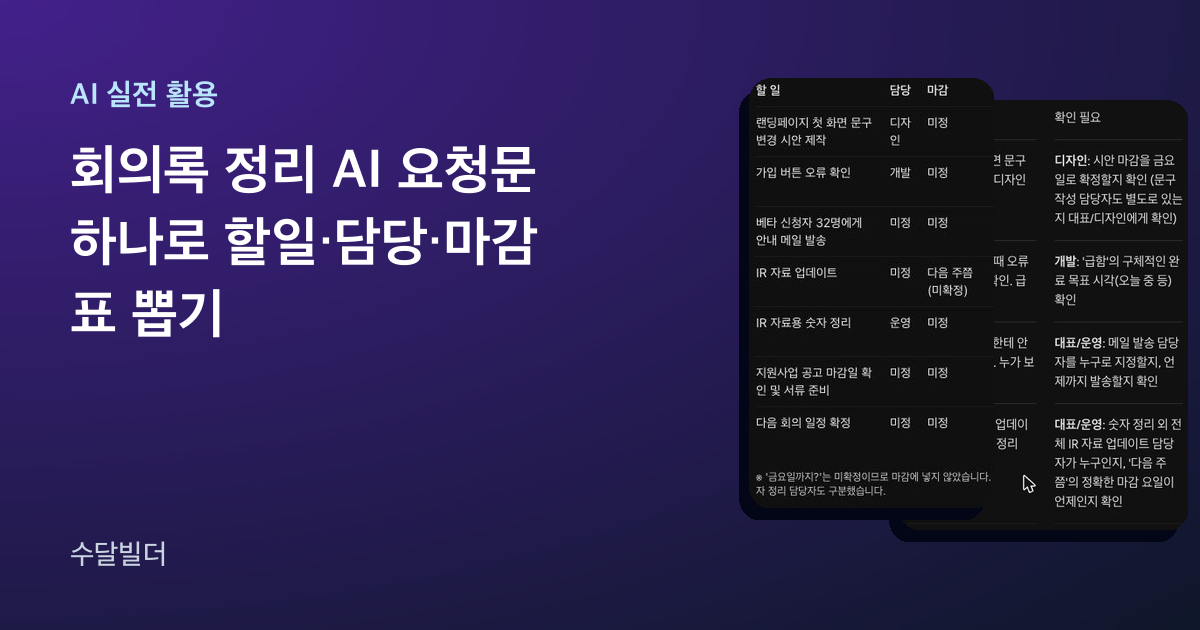 회의록 정리 AI 글의 대표 이미지. 왼쪽에 제목이 있고 오른쪽에 ChatGPT가 IR 자료 업데이트와 IR 자료용 숫자 정리를 두 줄로 나눈 할 일 표와, 그 뒤로 Gemini가 채운 확인 필요 칸이 겹쳐 놓여 있다