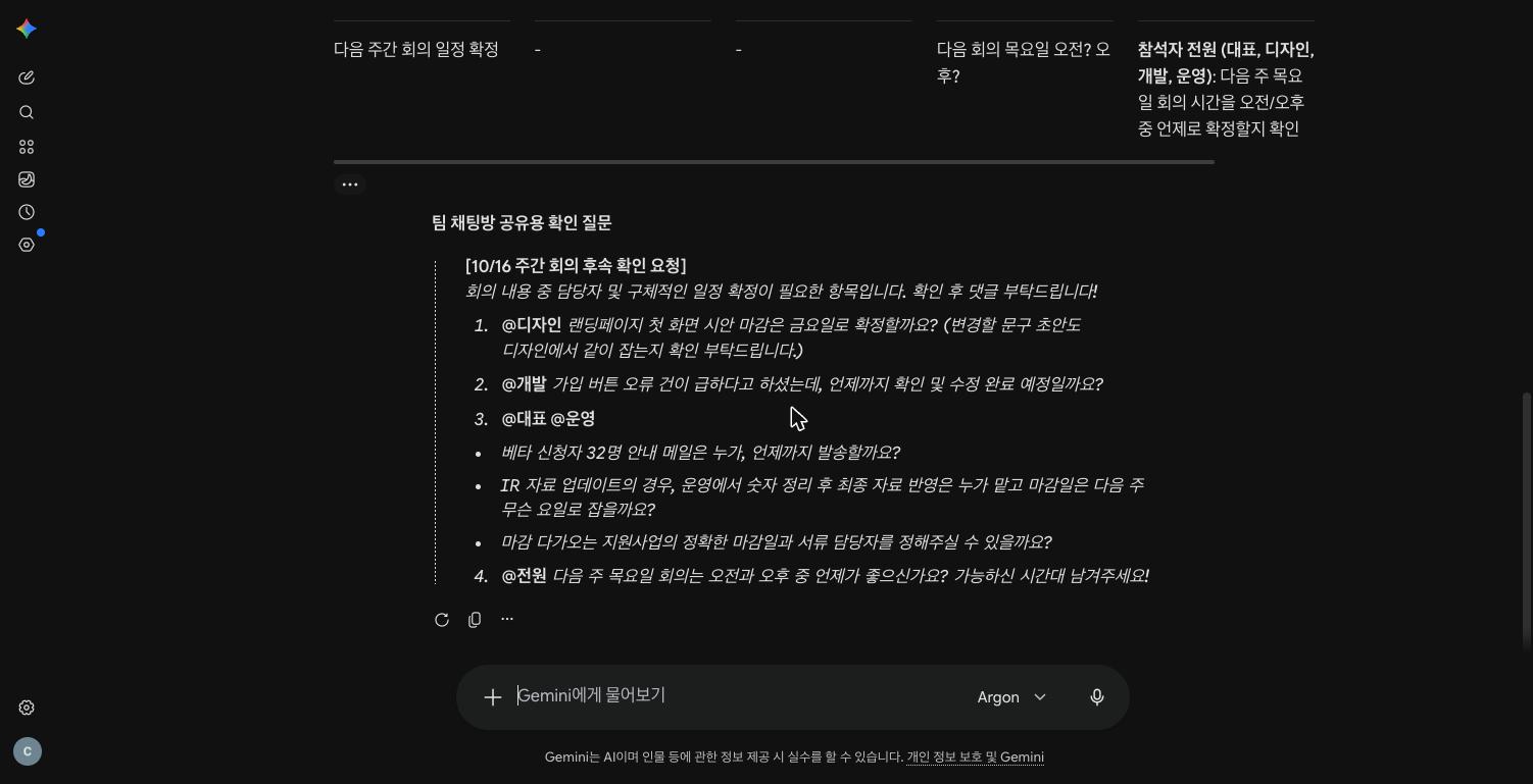 Gemini가 표 아래에 모은 팀 채팅방 공유용 확인 질문. 10/16 주간 회의 후속 확인 요청 머리말 아래 @디자인 시안 마감 확정, @개발 가입 버튼 오류 수정 완료 예정일, @대표 @운영 베타 신청자 32명 안내 메일 발송·IR 자료 최종 반영 담당과 마감·지원사업 마감일과 서류 담당, @전원 다음 주 목요일 회의 시간 질문이 번호로 나뉘어 있다