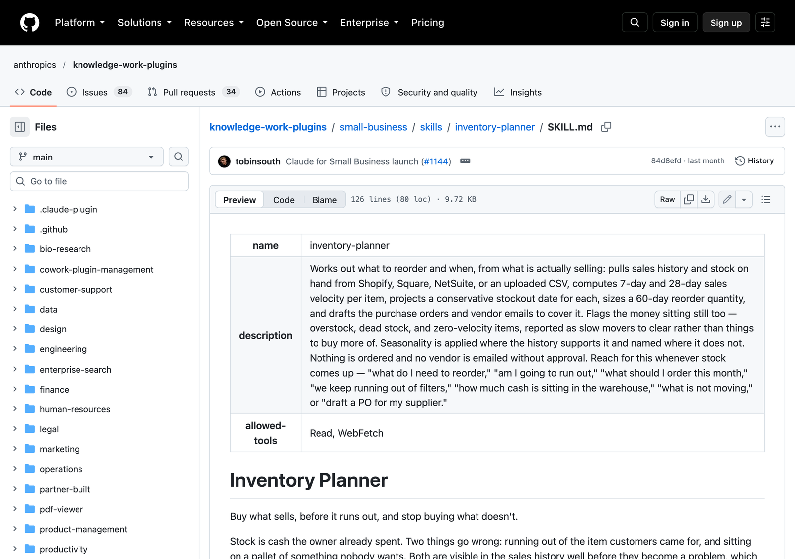 깃허브 anthropics/knowledge-work-plugins 저장소의 small-business/skills/inventory-planner/SKILL.md 화면. 커밋 메시지 Claude for Small Business launch와 스킬 설명 표, Inventory Planner 제목이 보인다