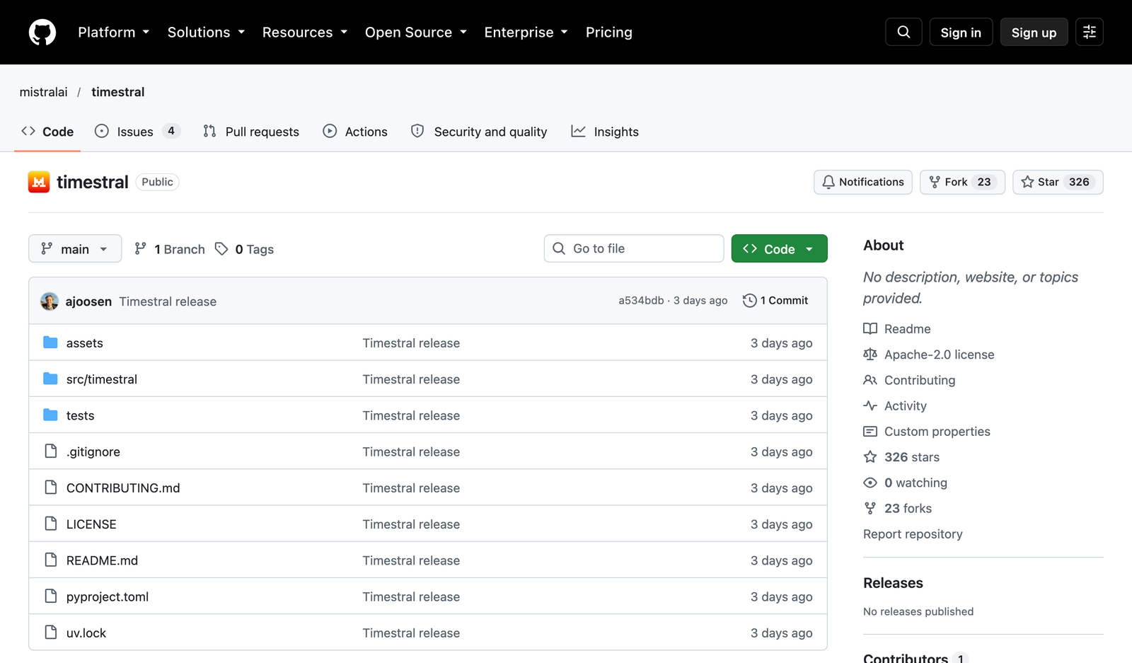 깃허브 mistralai/timestral 저장소 첫 화면. assets, src/timestral, tests 폴더와 LICENSE, README.md, pyproject.toml 파일이 있고 오른쪽 About에 Apache-2.0 license가 표시돼 있다