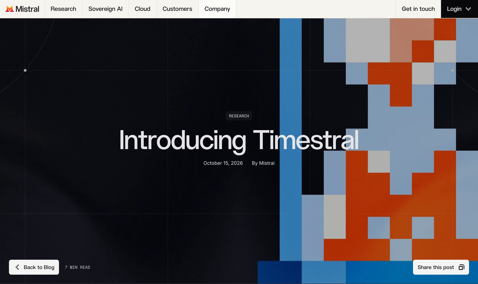 미스트랄 블로그의 Introducing Timestral 글 첫 화면. October 15, 2026, By Mistral이 적혀 있고 오른쪽에 모래시계 모양 픽셀 그림이 있다