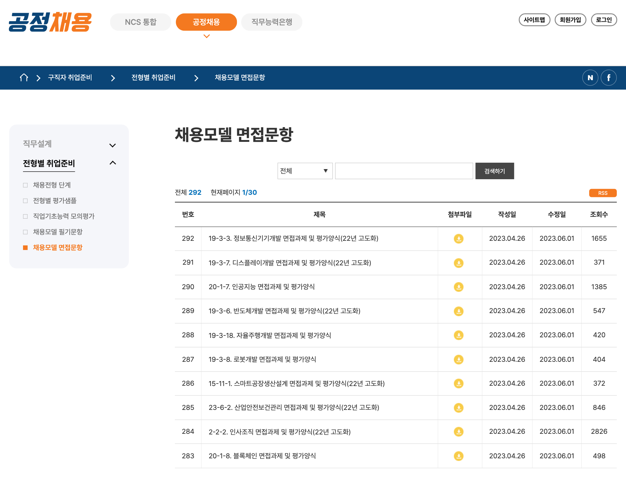 NCS 면접 문항이 있는 채용모델 면접문항 게시판 화면. 왼쪽 메뉴에 채용전형 단계, 전형별 평가샘플, 직업기초능력 모의평가, 채용모델 필기문항, 채용모델 면접문항이 있고 오른쪽 목록에 전체 292건과 직무별 면접과제 및 평가양식 글이 보인다