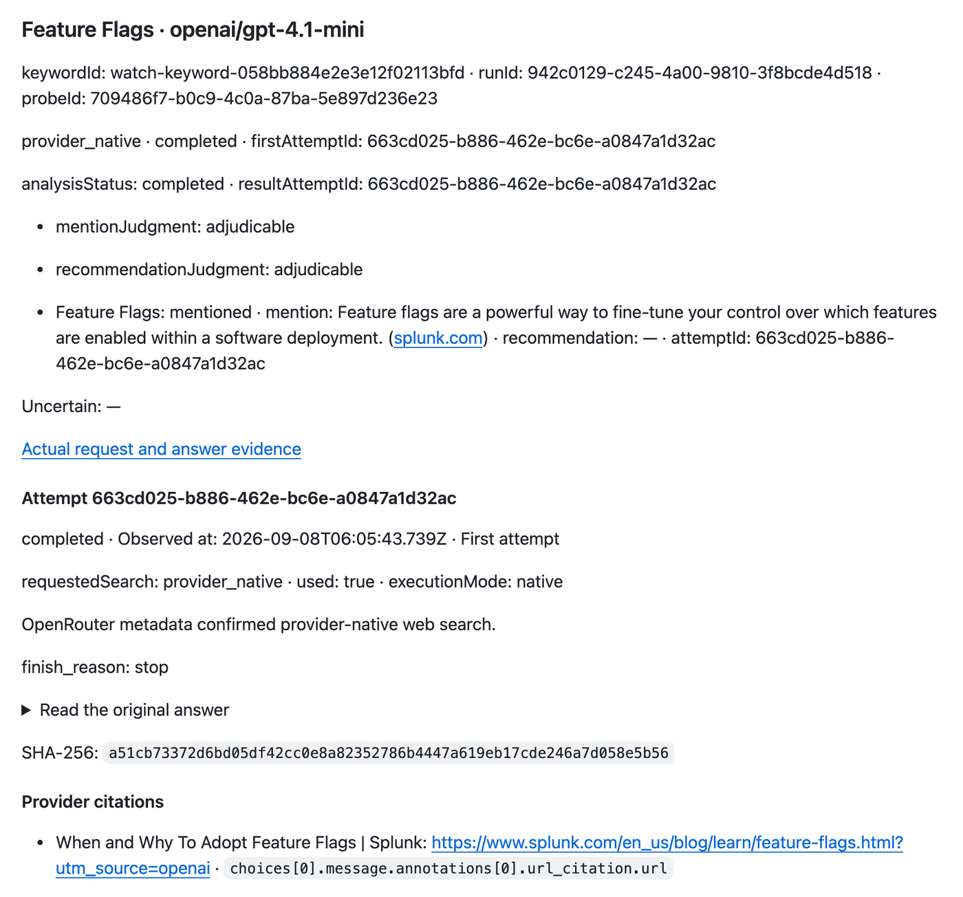NiubiGEO 포스트호그 사례의 Feature Flags · openai/gpt-4.1-mini 부분. 언급 문장 뒤에 splunk.com 링크가 있고, OpenRouter metadata confirmed provider-native web search 문구와 Provider citations 아래 When and Why To Adopt Feature Flags Splunk 주소가 보인다