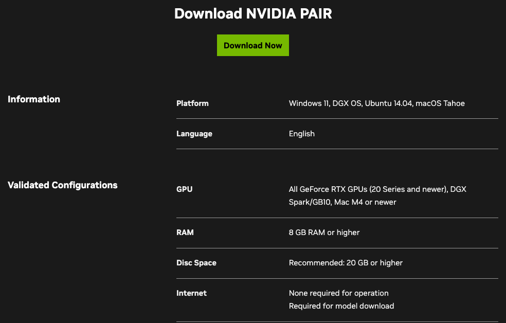 PAIR 제품 페이지의 정보와 검증된 구성 표. 플랫폼, 언어, GPU, RAM, 디스크, 인터넷 항목이 있다
