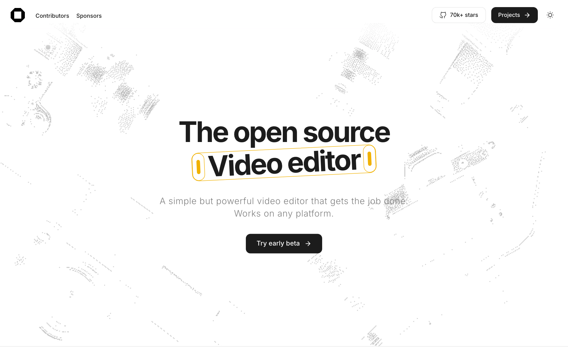 오픈컷 공식 사이트 첫 화면. The open source Video editor 문구와 설명 문장 Works on any platform, Try early beta 버튼, 오른쪽 위 70k+ stars 표시가 보인다