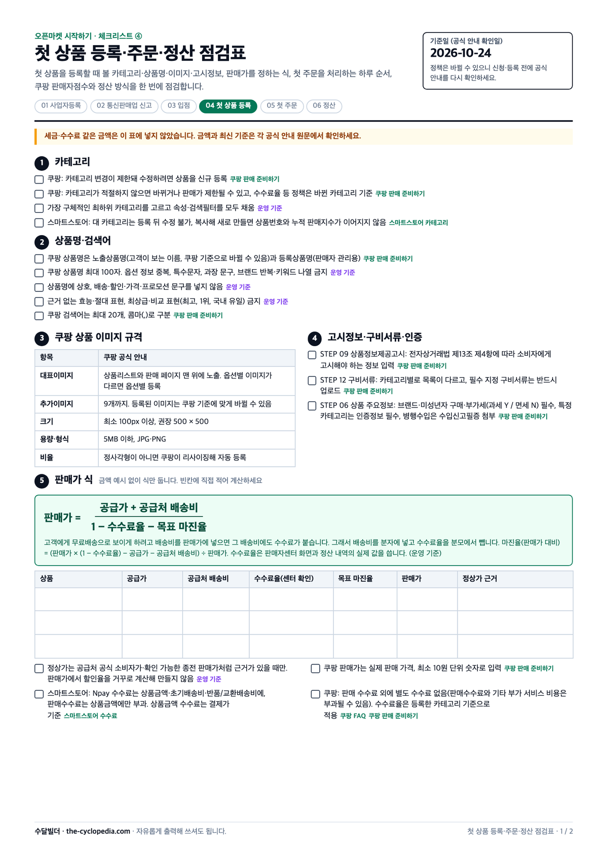 첫 상품 등록·주문·정산 점검표 미리보기. 상품 등록 점검 항목, 판매가 계산식, 하루 주문 처리 순서, 판매자점수 기준, 쿠팡 정산 방식 비교 표가 있는 A4 양식