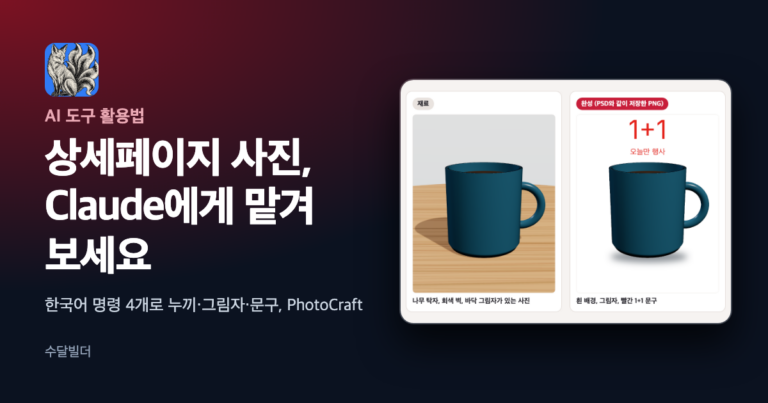 PhotoCraft 여우 로고와 상세페이지 사진 Claude에게 맡겨 보세요라는 제목 옆에, 나무 탁자 위 가상 머그 사진과 흰 배경에 그림자와 빨간 1+1 문구가 들어간 완성 사진을 나란히 놓은 대표 이미지