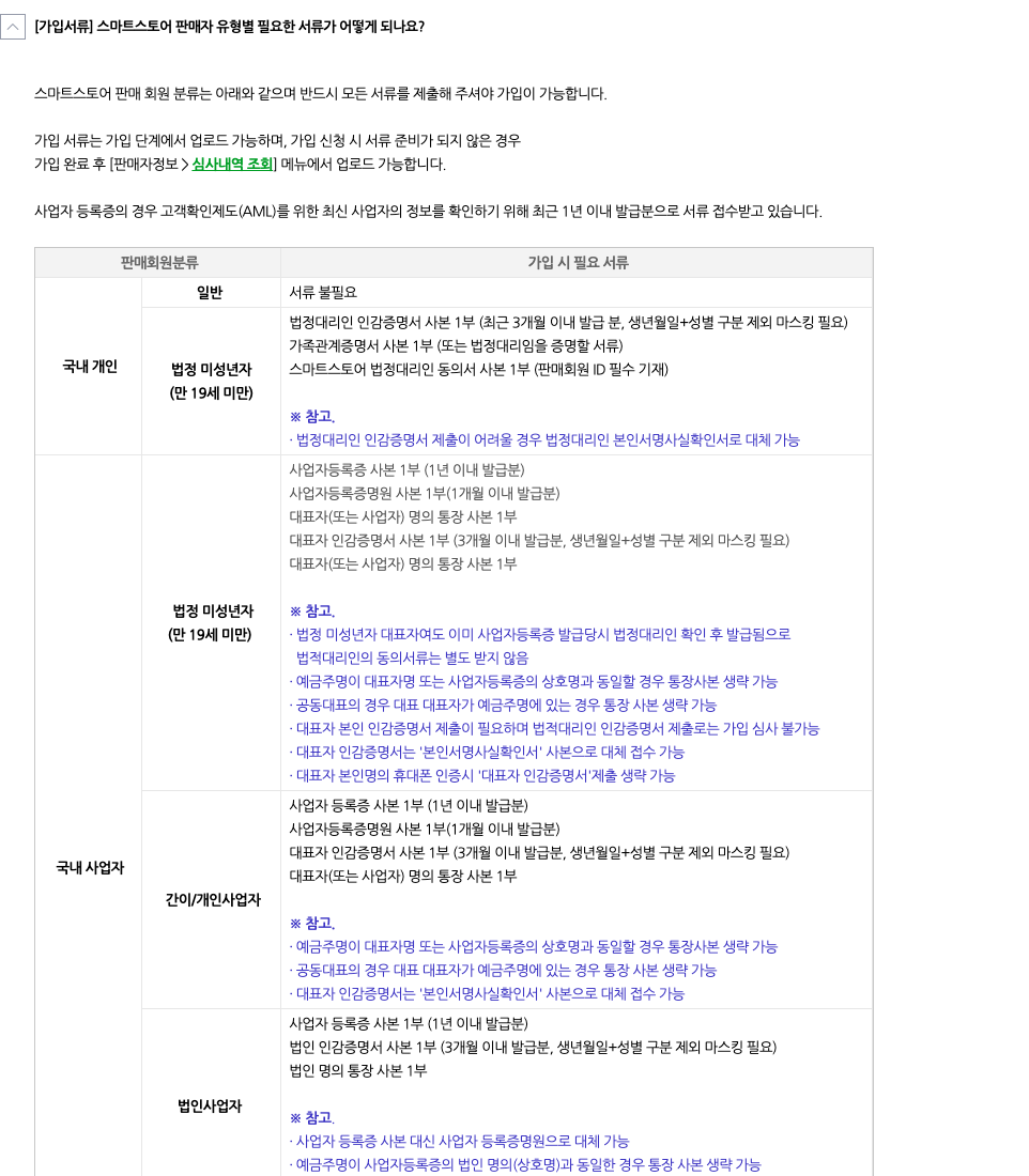 스마트스토어 판매자 유형별 필요 서류 표. 국내 개인, 국내 사업자의 간이·개인사업자와 법인사업자 행이 보인다