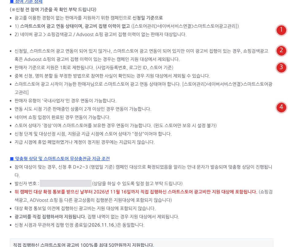 스마트스토어 SME 성장 지원 캠페인 참여 기준 상세 화면. 광고 연동 상태와 집행 이력 기준(1), 제외되는 경우(2), 판매자 기준 1회 제한(3), 광고 연동이 가능한 조건 목록(4)에 번호 배지가 붙어 있다