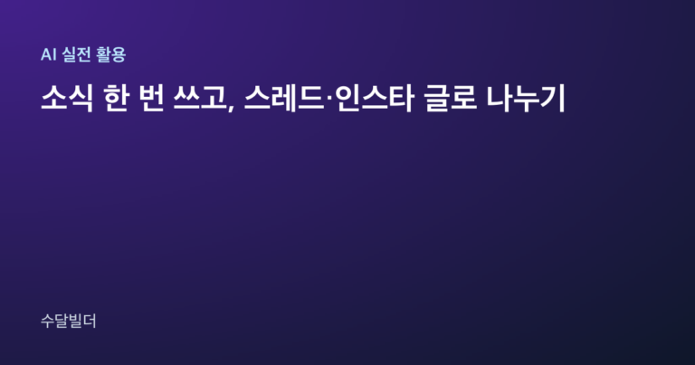 SNS 글 나누기 글의 대표 이미지. 왼쪽에 제목이 있고 오른쪽에 ChatGPT가 만든 숫자·날짜 일치 확인표가 보인다. 업데이트 날짜 칸이 2026-10-20(월), 인터뷰 인원 3명, 베타 사용 인원 12명, 베타 사용 기간 2주, 하루 평균 소요 시간 25분 → 8분, 다음 기능 요청 인원 1명이고, 그 뒤로 카톡 주문, 아직도 엑셀에 다시 옮겨 적으시나요?로 시작하는 스레드 글 화면이 겹쳐 놓여 있다