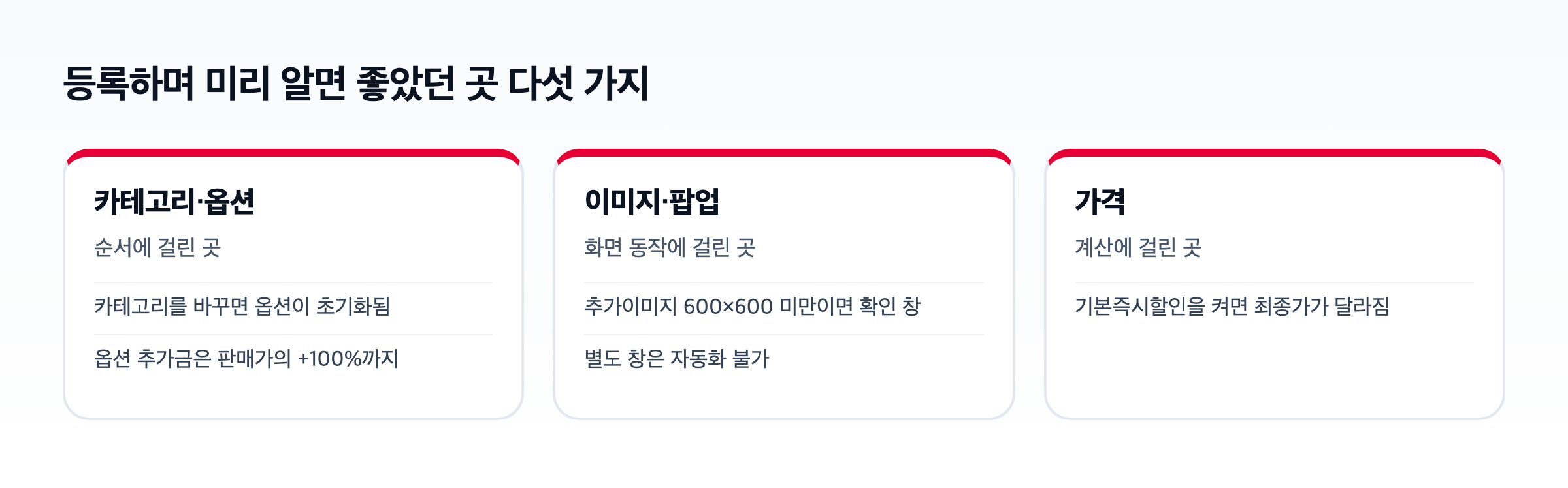 11번가 상품 등록에서 막히는 곳 도식. 카테고리와 옵션, 이미지와 팝업, 가격