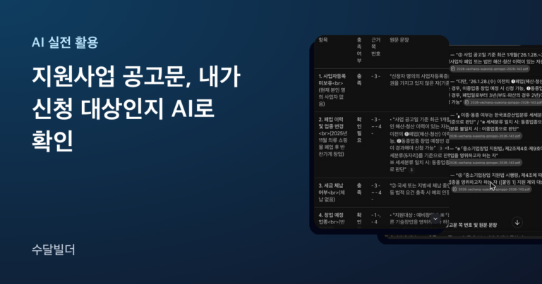 지원사업 공고문 AI 확인 글의 대표 이미지. 왼쪽에 제목이 있고 오른쪽에 NotebookLM이 항목별 충족 여부와 근거 쪽 번호를 적은 표, ChatGPT가 쪽 번호와 원문을 붙인 표가 겹쳐 놓여 있다