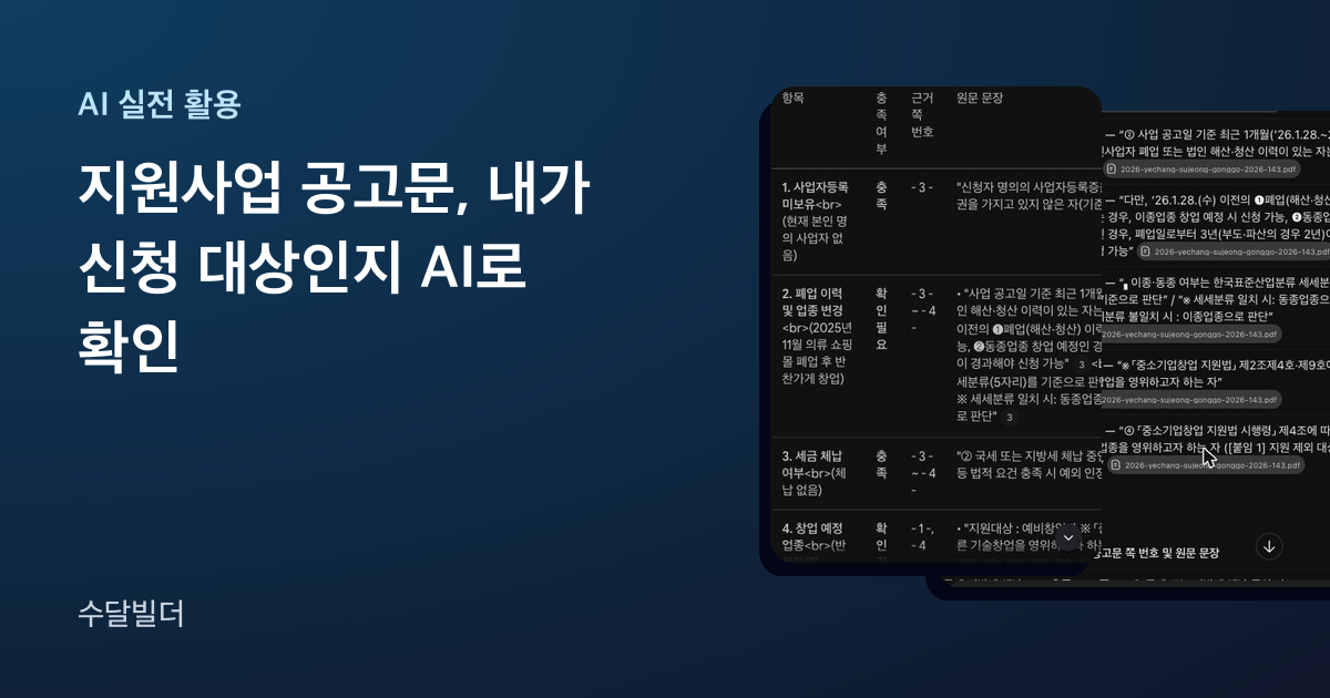 지원사업 공고문 AI 확인 글의 대표 이미지. 왼쪽에 제목이 있고 오른쪽에 NotebookLM이 항목별 충족 여부와 근거 쪽 번호를 적은 표, ChatGPT가 쪽 번호와 원문을 붙인 표가 겹쳐 놓여 있다