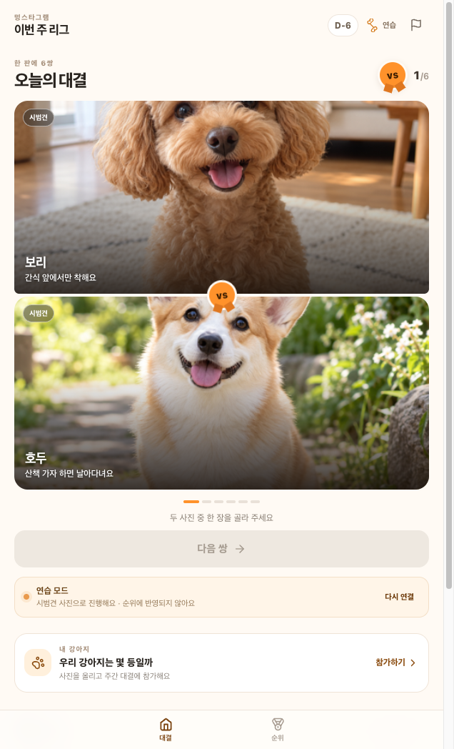 멍스타그램 연습 모드 대결 화면. 시범견 배지가 붙은 강아지 사진 두 장이 위아래로 붙어 있고 가운데에 VS 리본이 있다