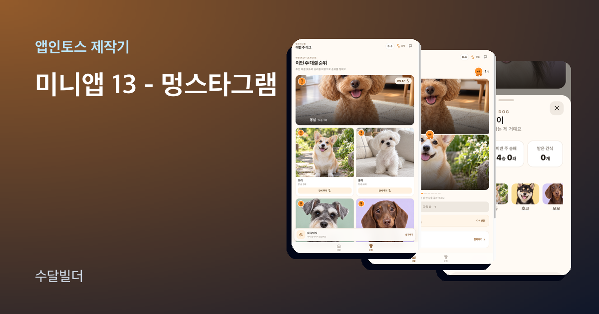 앱인토스 미니앱 멍스타그램의 순위, 대결, 리포트 화면 세 장