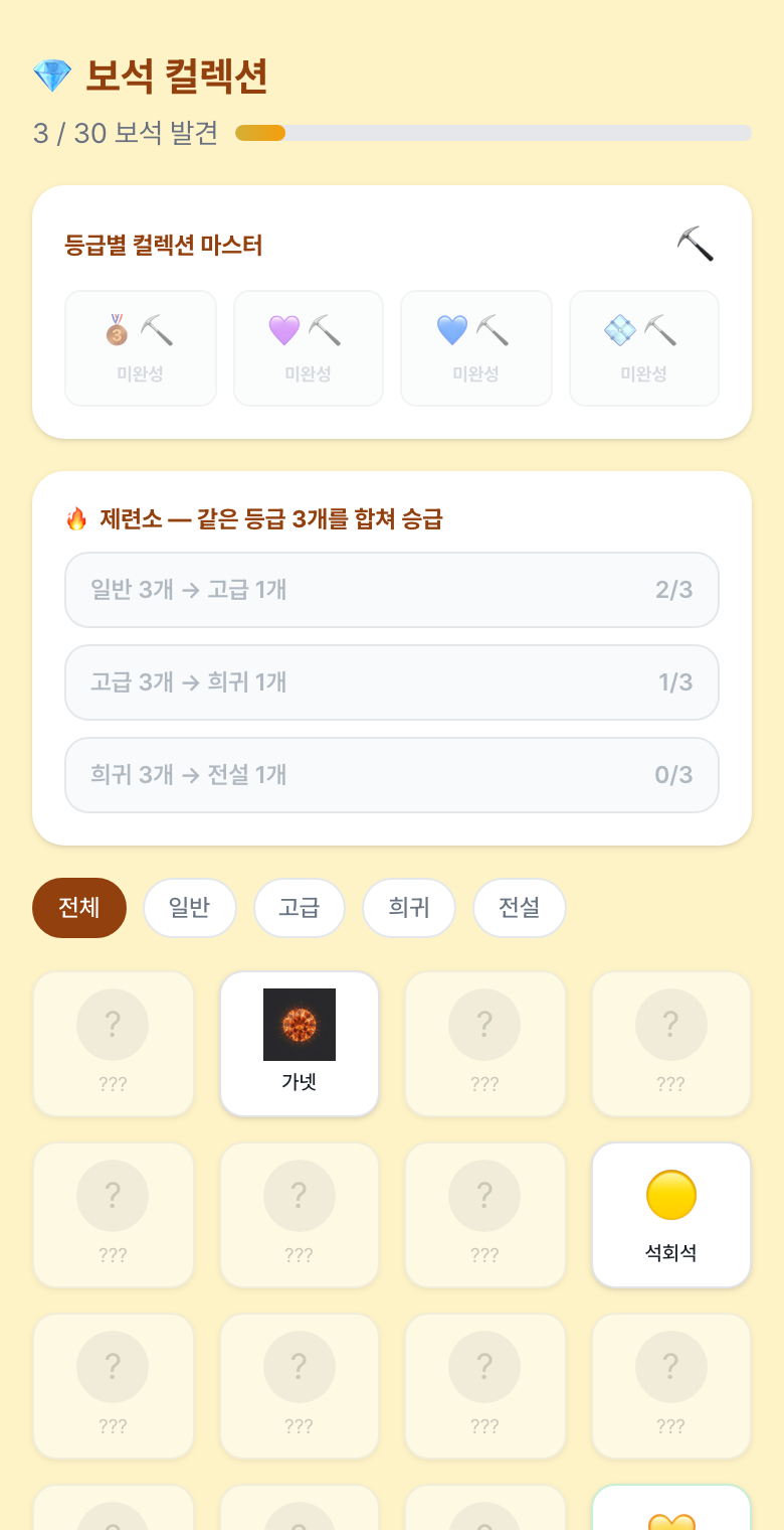 보석 컬렉션 화면. 30종 중 3종을 발견했고 제련소 진행 상황이 보인다