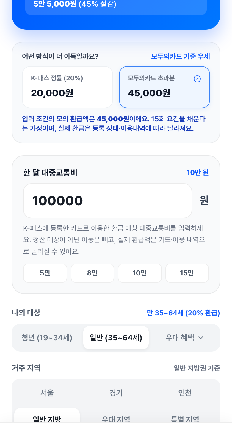 대상을 일반, 거주 지역을 일반 지방으로 바꾼 화면. K-패스 정률이 20,000원으로 바뀌어 있다