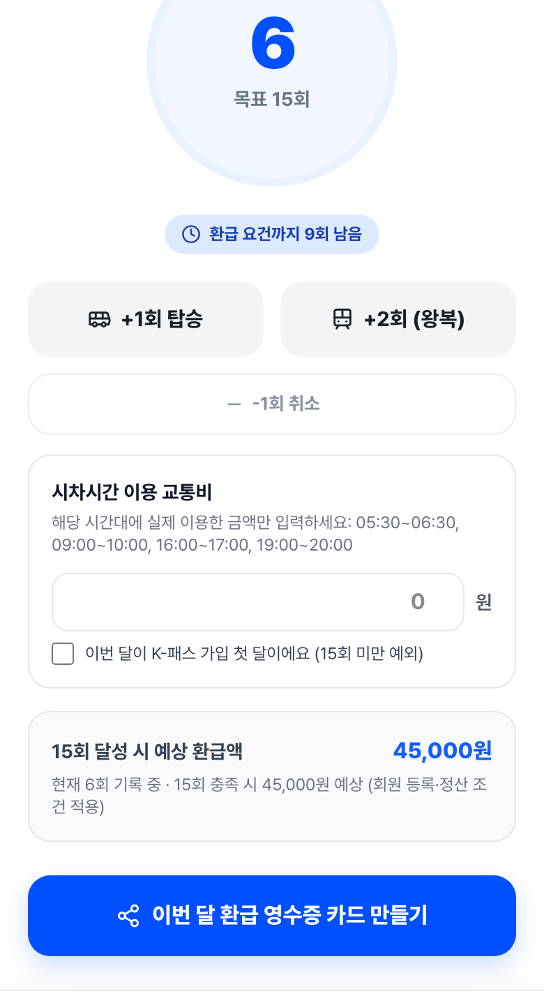이번 달 탑승 카운터 화면. 6회가 기록돼 있고 환급 요건까지 9회 남았다고 나온다