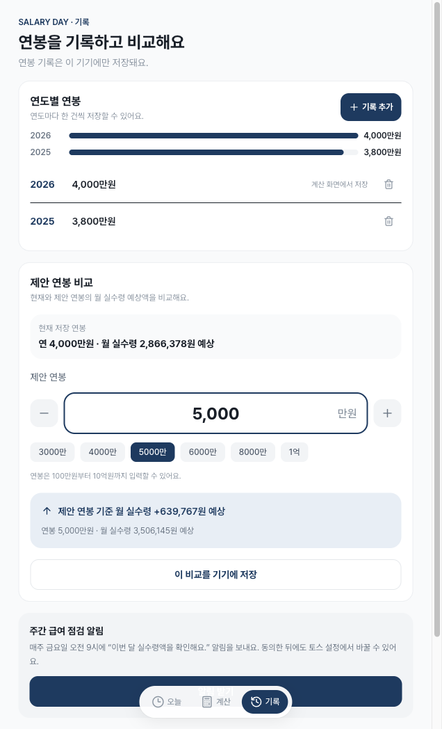 연봉 계산기 기록 화면. 연도별 연봉 기록과 제안 연봉 5,000만원을 비교한 월 실수령 차이가 나온다