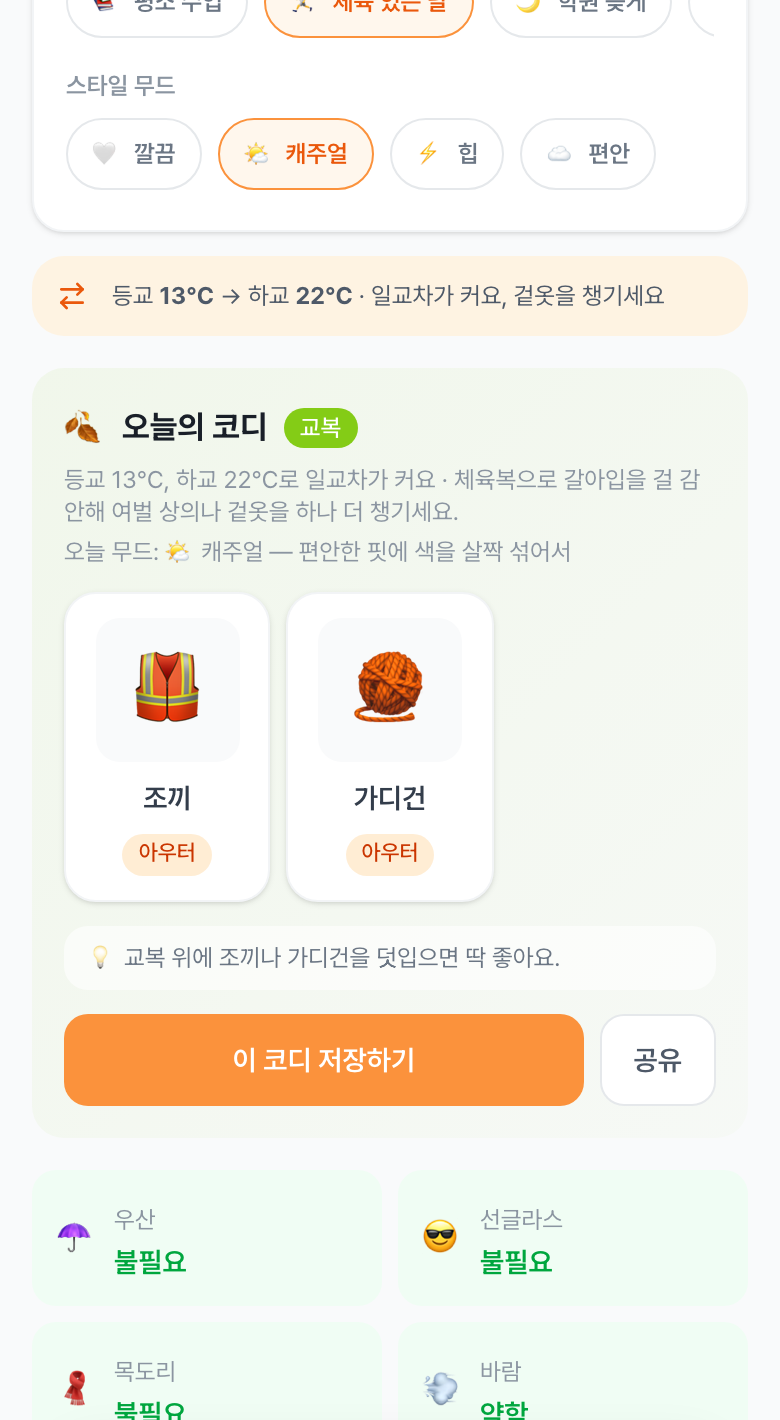오늘의 코디 결과. 교복 모드에서 조끼와 가디건을 추천하고 일교차와 체육 수업을 이유로 든다