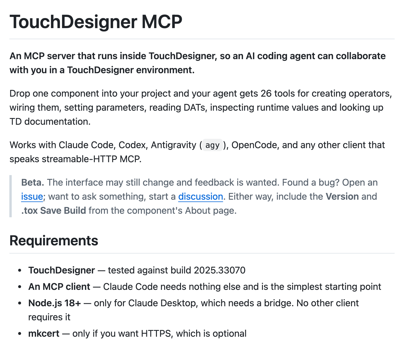터치디자이너 TDMCP 공식 저장소 README의 첫 부분. 터치디자이너 안에서 도는 MCP 서버라는 소개, 도구 26개, 지원 클라이언트, 베타 안내, 시험한 빌드 2025.33070이 적힌 요구 사항 목록이 보인다