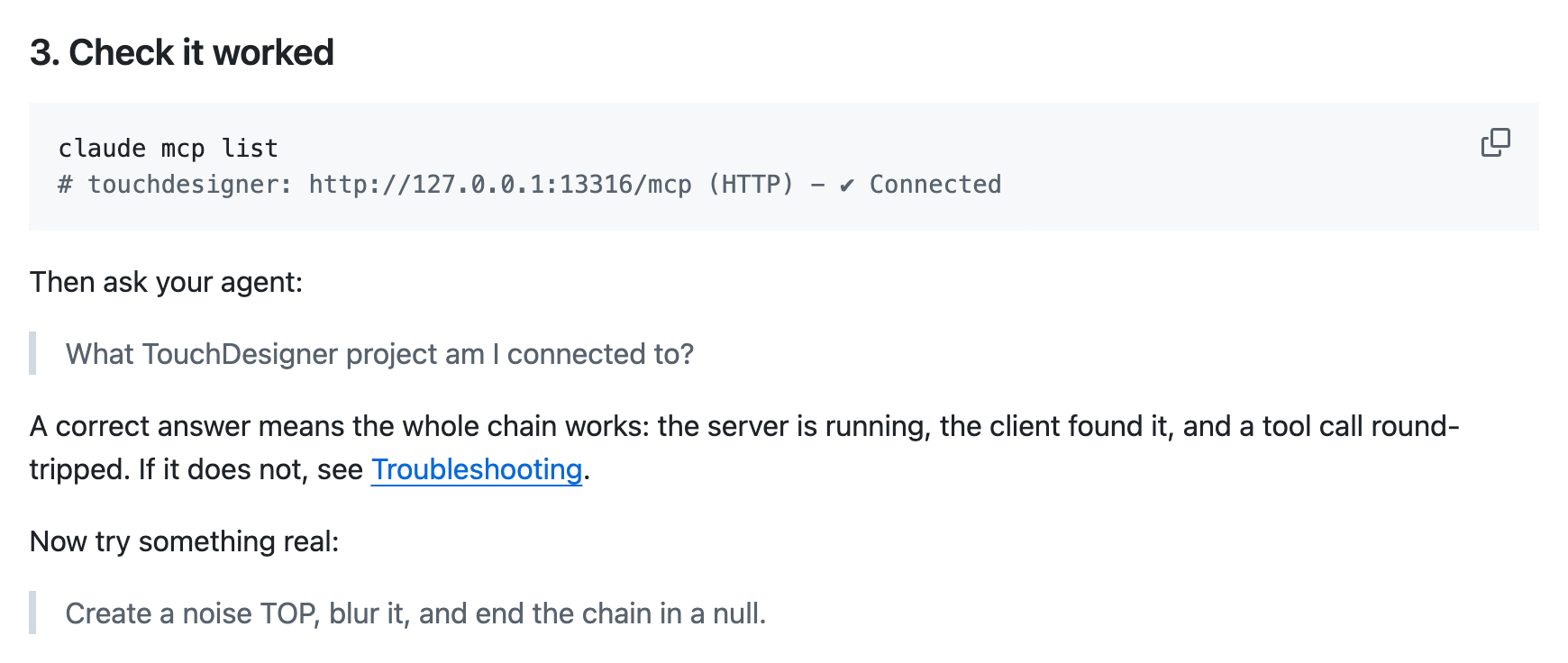 README의 Check it worked 절. claude mcp list 명령과 Connected가 붙은 예시 출력 아래에 연결 확인용 질문 한 줄과 노이즈 TOP을 만들어 블러를 걸고 null로 끝내라는 예시 요청문이 인용문으로 적혀 있다