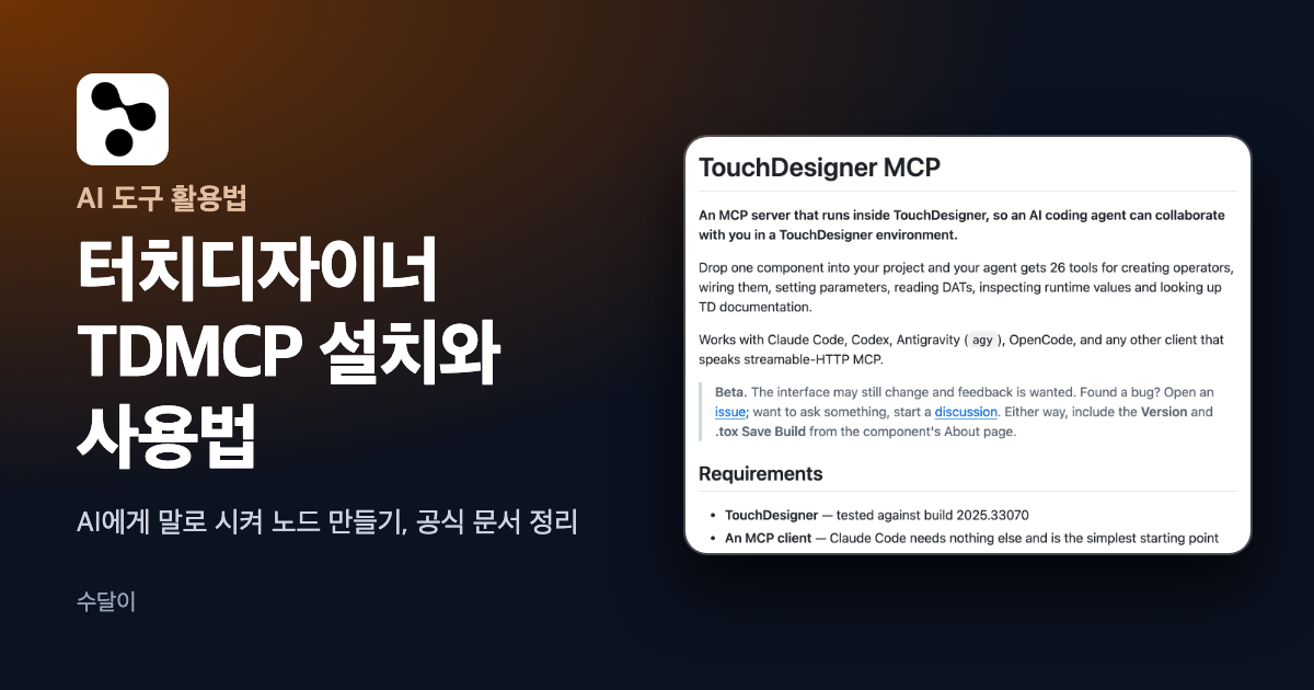 터치디자이너 TDMCP 설치와 사용법 글의 대표 이미지. 왼쪽 위에 터치디자이너 아이콘이 있고 오른쪽에 공식 저장소 README의 소개 문단과 요구 사항 목록 화면이 있다