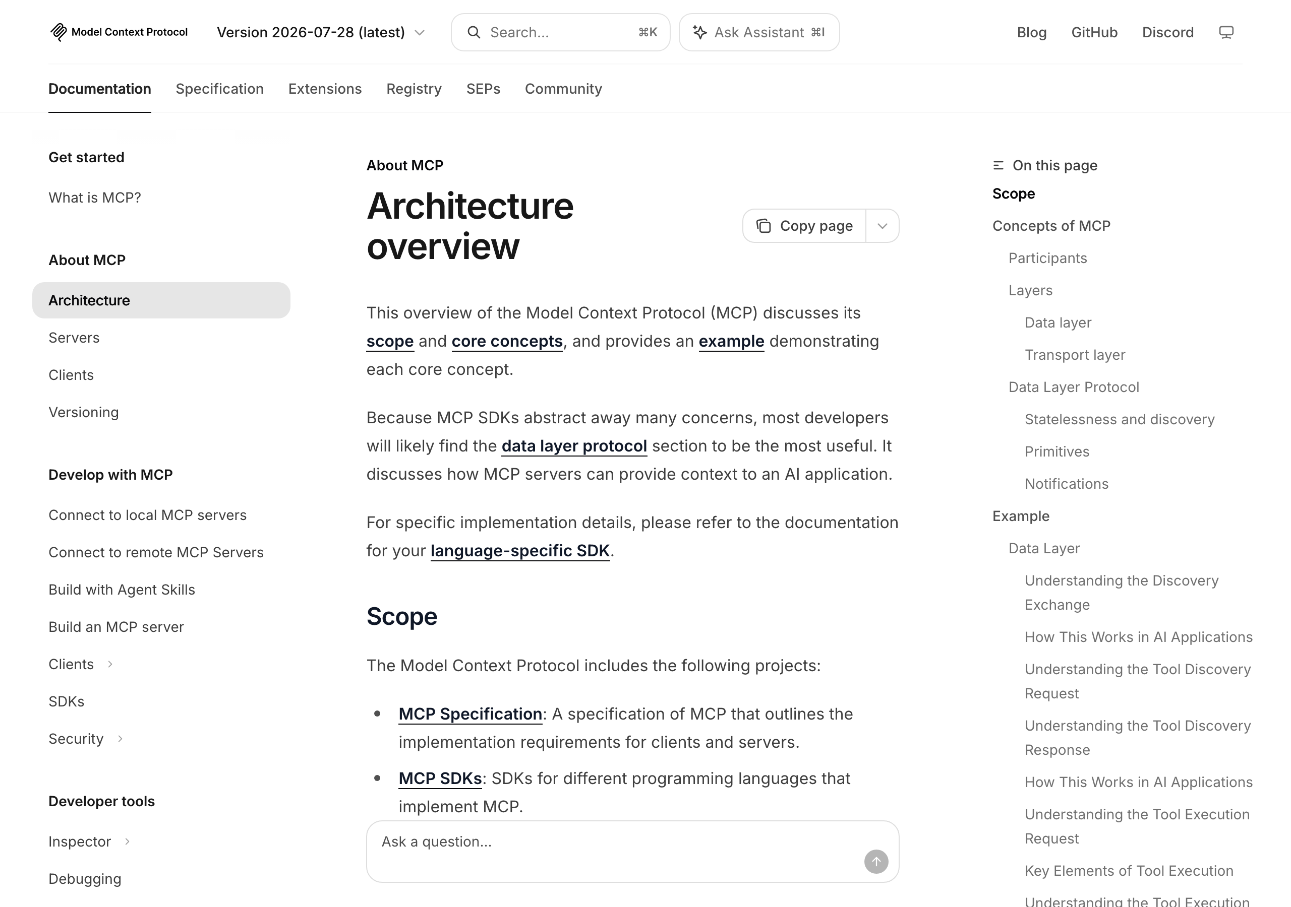 modelcontextprotocol.io의 Architecture overview 문서 첫 화면. 도입문 아래에 Scope 항목이 있고 규격과 SDK가 목록으로 보인다