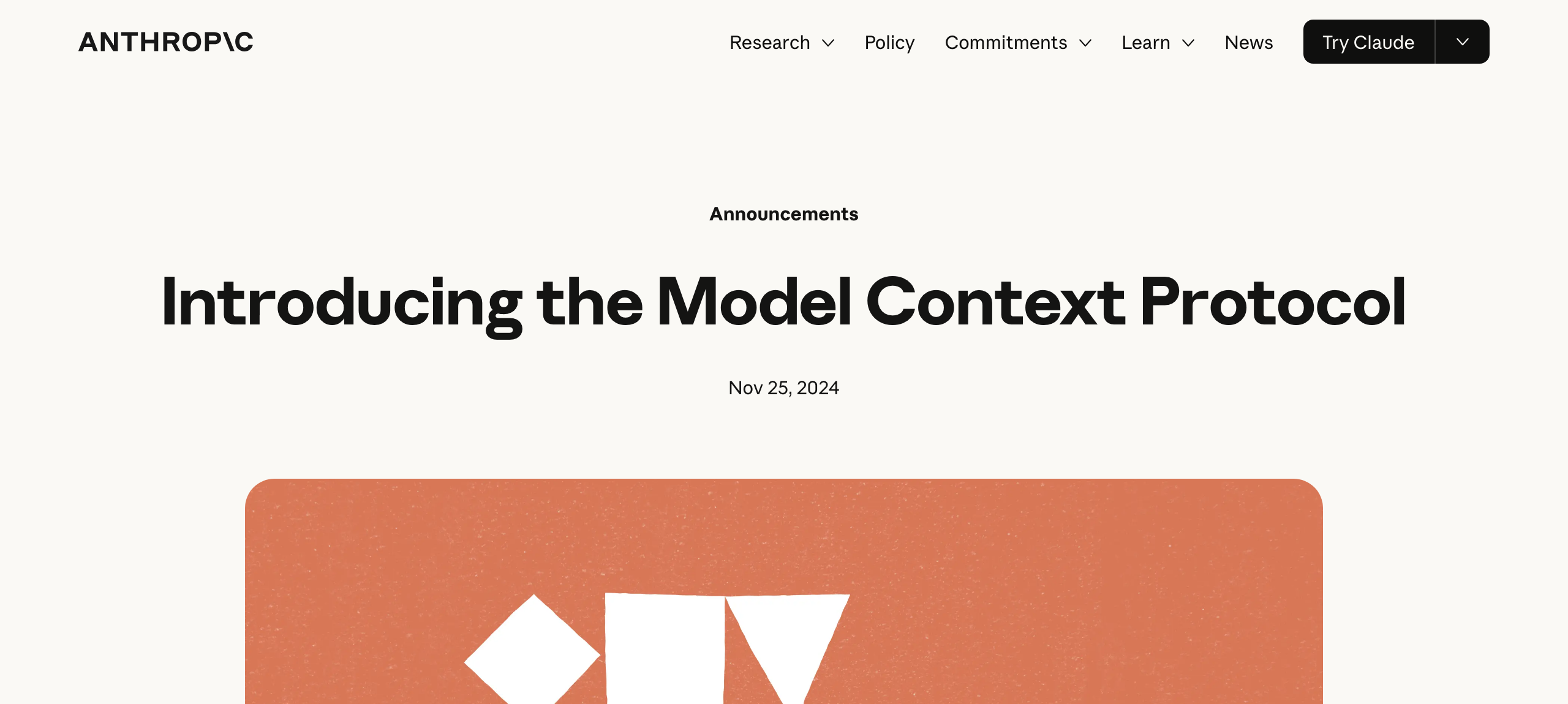 Anthropic 사이트의 발표 글 머리. 분류는 Announcements, 제목은 Introducing the Model Context Protocol, 날짜는 Nov 25, 2024로 적혀 있다