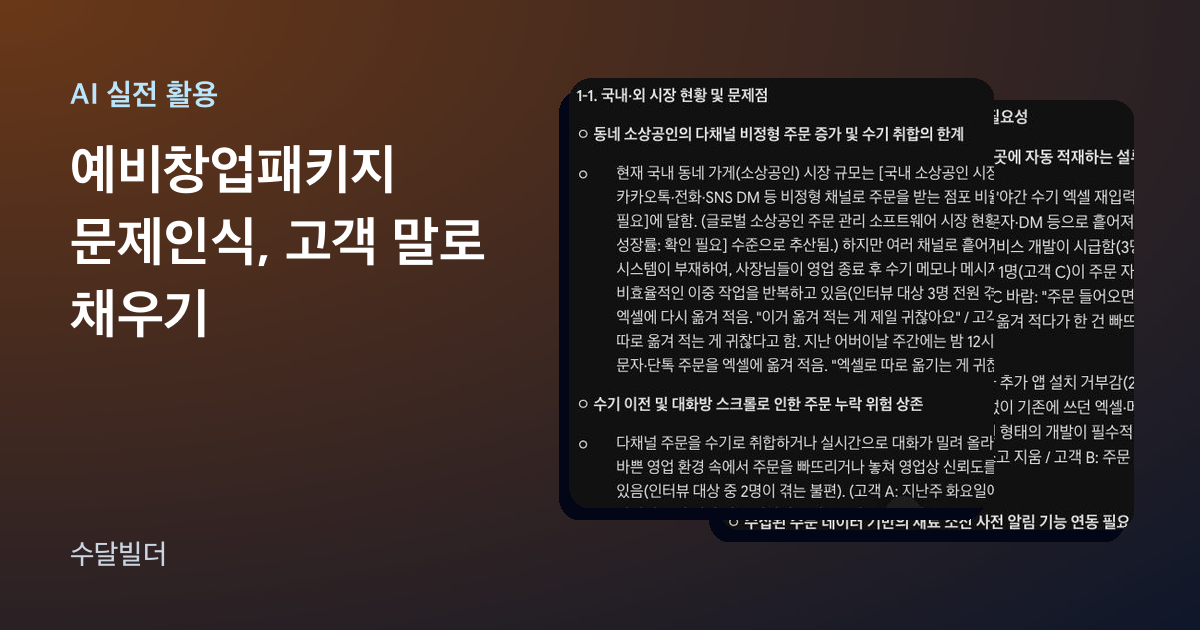 예비창업패키지 문제인식 글의 대표 이미지. 왼쪽에 제목이 있고 오른쪽에 Gemini가 쓴 1-1 국내·외 시장 현황 및 문제점 문단에 [국내 소상공인 시장 규모 확인 필요] 빈칸이 일부 보이고 고객 인용 괄호가 붙은 화면, 그 뒤로 1-2 개발 필요성 문단 화면이 일부 겹쳐 놓여 있다